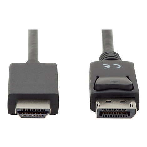 Zwei schwarze DisplayPort-Kabel mit Steckern; CE-Zeichen auf einem Stecker.