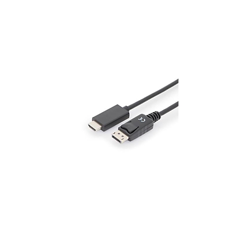 Schwarzes USB-C-auf-DisplayPort-Kabel auf weißem Grund. Stecker mit CE-Zeichen.