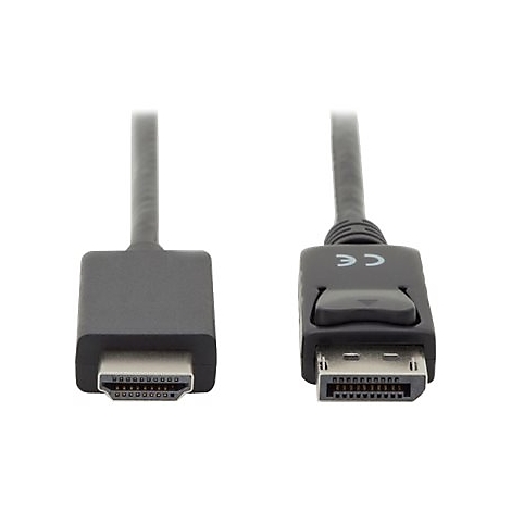 Zwei schwarze Kabelenden, eines mit HDMI, das andere mit Displayport-Anschluss. CE-Zeichen auf dem Displayport.