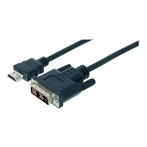 Ein schwarzes HDMI-zu-DVI-Kabel vor weißem Hintergrund. Der DVI-Stecker ist mit Stiften versehen.