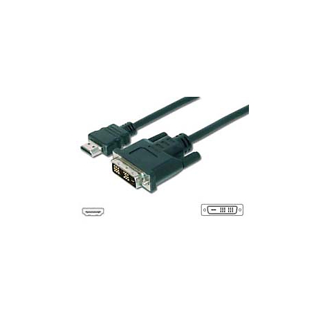 Ein dunkelgraues HDMI-DVI-Kabel. Das HDMI-Ende links, das DVI-Ende rechts.