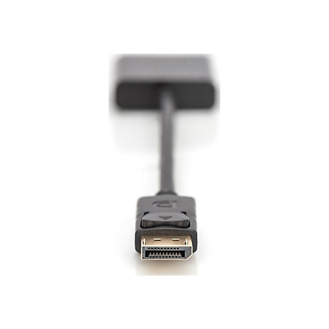 Nahaufnahme eines schwarzen DisplayPort-Kabels, das auf weißem Hintergrund nach oben zeigt.