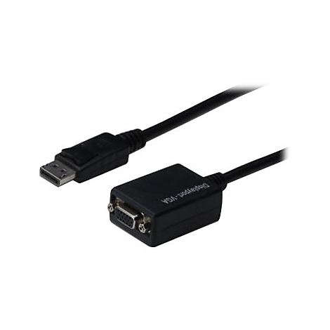 Schwarzer Displayport-auf-VGA-Adapter. Ein Stecker mit USB-ähnlichem Anschluss, verbunden mit einem VGA-Anschluss.