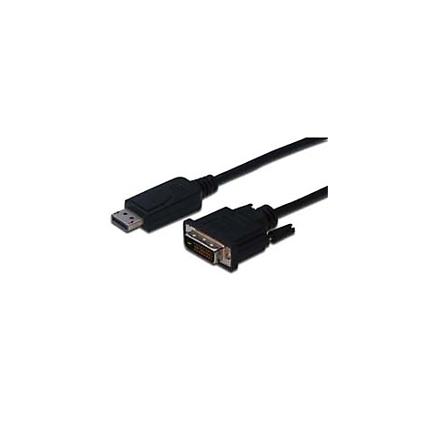 Schwarzes Kabel mit DisplayPort- und DVI-Anschlüssen. Der Stecker für den DisplayPort-Anschluss ist rechteckig, der für den DVI-Anschluss ist trapezförmig.