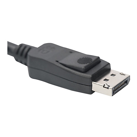 Nahaufnahme eines DisplayPort-Kabels mit Stecker. Schwarz, Metall, geriffelt, rechteckig.