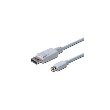 Ein weißes DisplayPort-Kabel mit einem DP-Anschluss und einem Mini-DP-Anschluss.