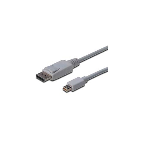 Graues DisplayPort-Kabel mit Mini-DisplayPort-Anschluss, weißes Gehäuse, Stecker links.