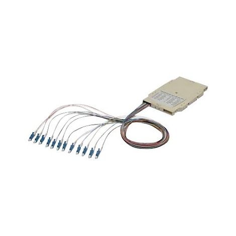 Mehradriger Lichtwellenleiter. Beige Box mit Kabeln und blauen Anschlüssen.