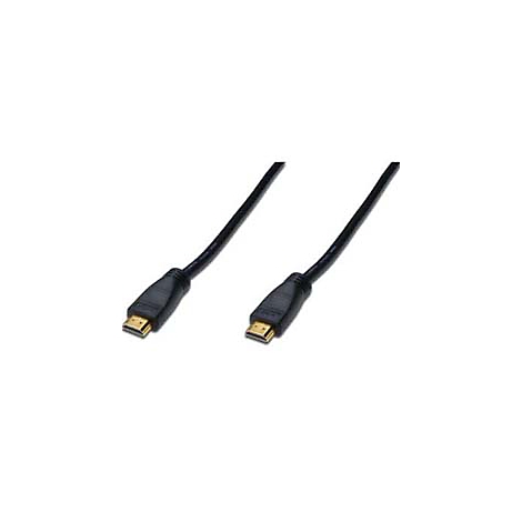 Schwarzes HDMI-Kabel mit vergoldeten Anschlüssen, das vor weißem Hintergrund liegt.