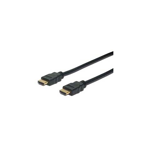 Ein schwarzes HDMI-Kabel mit Steckern an beiden Enden, vor weißem Hintergrund.