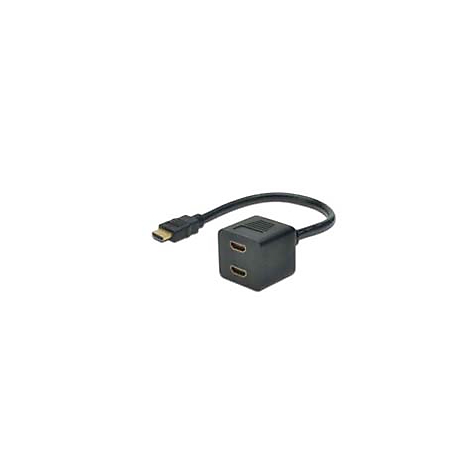 Ein schwarzer HDMI-Splitter mit einem HDMI-Stecker und zwei HDMI-Buchsen.