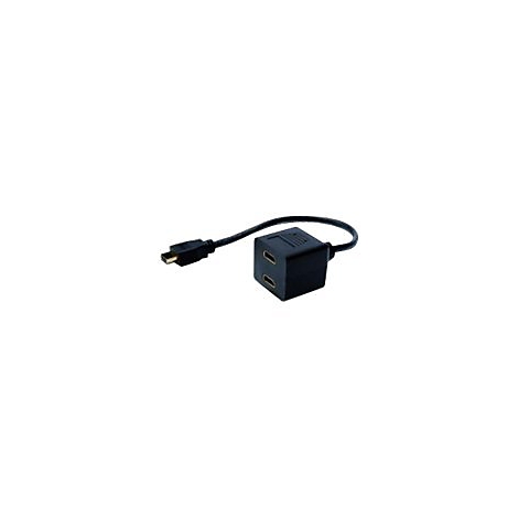 Schwarzer HDMI-Splitter mit zwei Anschlüssen und einem Kabel.