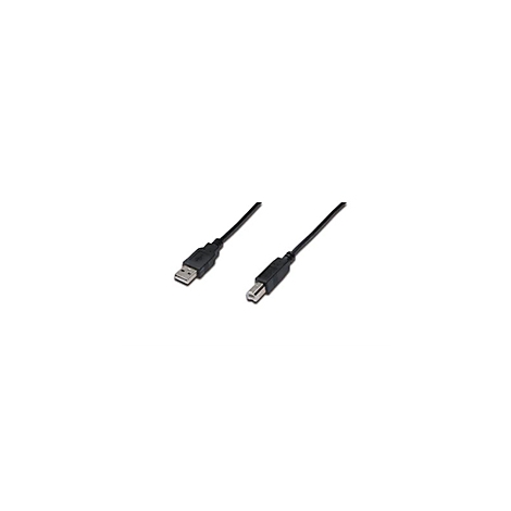 Ein schwarzes USB-Kabel, das auf weißem Hintergrund abgebildet ist. Der USB-A- und USB-B-Stecker sind deutlich sichtbar.