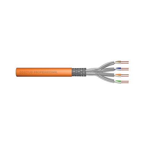 Ein orangefarbenes Netzwerkkabel, das in mehrere farbige Drähte aufgefächert ist. Der Schriftzug DIGITUS PROFESSIONAL ist zu sehen.