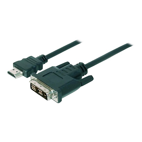Un câble HDMI vers DVI noir sur fond blanc. Le connecteur DVI est équipé de vis pour le fixer.