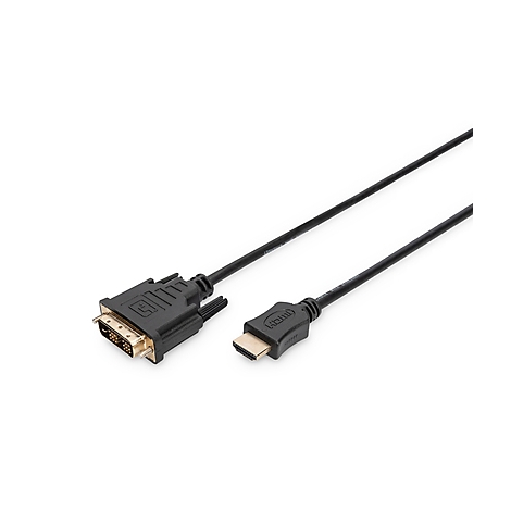 Un câble HDMI vers DVI noir sur fond blanc. Le connecteur DVI est à gauche, le connecteur HDMI est à droite.