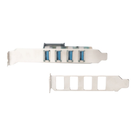 Une carte d'extension USB 3.0 blanche avec quatre ports bleus et une tôle supplémentaire.