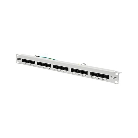 Ein weiÃŸes Patchpanel mit 25 Ports, mit Zahlen markiert. Verschiedene Kabel sind angeschlossen.
