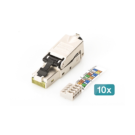 Ein grauer RJ45-Stecker mit schwarzem Clip und kleiner grauer Anschlussklemme. Daneben: farbige Kabelbelegung und das Label "10x".