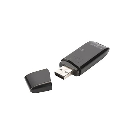 Schwarzer USB-Kartenleser mit abgezogener Kappe und Micro SD-Aufdruck.