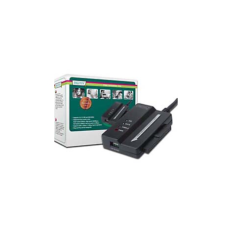 Schwarzer Digitus USB-zu-SATA Adapter mit Verpackung, Texte, Abbildungen.