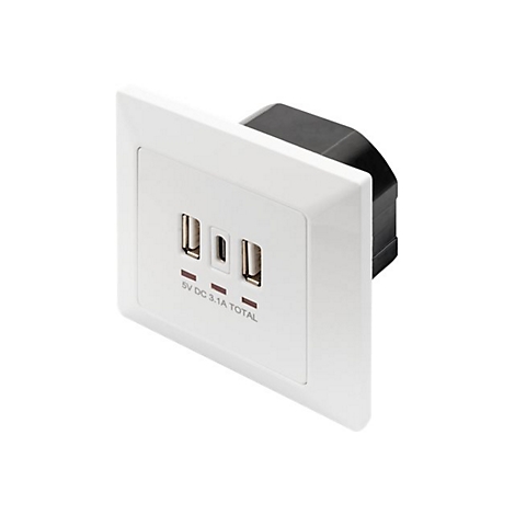 WeiÃŸe USB-Steckdose mit drei AnschlÃ¼ssen. Unter den AnschlÃ¼ssen steht 5V DC 3.1A TOTAL.