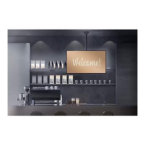 Kaffee-Shop-Szene. An der Theke: Kaffeemaschine, GlÃ¤ser, eine Leuchttafel mit Welcome! und Regale mit Kaffeepackungen.
