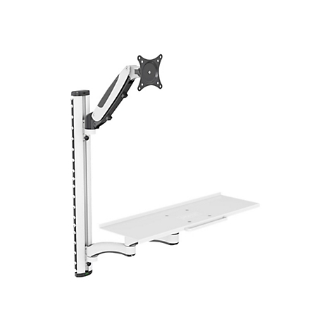 Ein weißer, freischwebender Monitorarm mit Halterung, die eine Tastaturablage und einen Bildschirm hält.