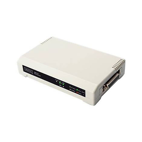 Beiger Digitus USB 2.0 Printserver mit schwarzen Bedienfeld, Status-LEDs und seitlichem Anschluss.