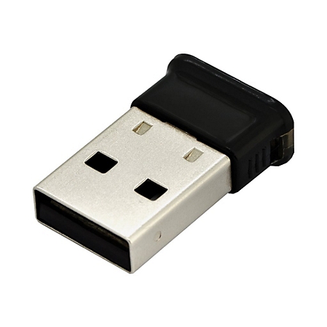 Ein USB-Bluetooth-Adapter. Silberfarbener USB-Stecker mit schwarzem Kopf.