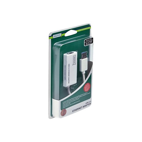 Adaptateur Ethernet en emballage blister. L'adaptateur est blanc, avec un connecteur USB et un connecteur Ethernet. L'emballage est vert et blanc.