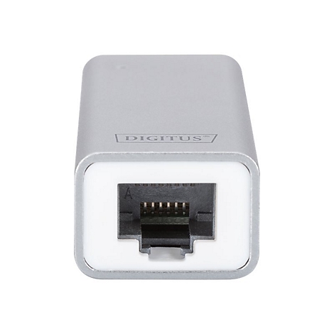 Adaptateur Ethernet gris avec connecteur RJ45, lettrage DIGITUS.
