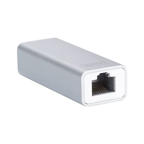 Adaptateur LAN argentÃ© avec bordure blanche et logo Digitus.
