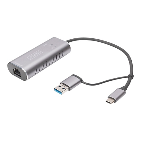 Grauer Netzwerkadapter mit USB-A- und USB-C-Anschlüssen, Beschriftung: Digitus, 2.5G Base-T.