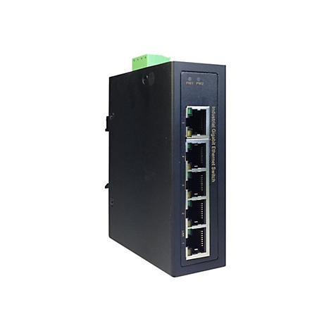 Schwarzer Industrial Gigabit Ethernet Switch mit Anschlüssen und grünen Steckern. Aufschrift: Industrial Gigabit Ethernet Switch.