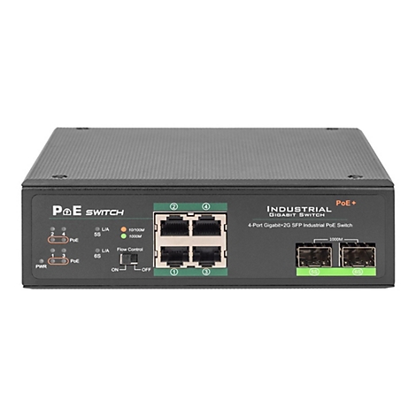 Industrieller Gigabit PoE Switch, schwarz mit AnschlÃ¼ssen. Aufschrift: INDUSTRIAL Gigabit Switch. PoE+.