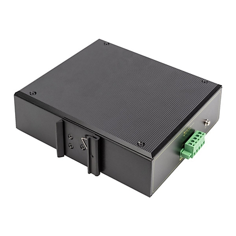 Schwarzes, rechteckiges elektronisches GerÃ¤t mit grÃ¼nem Anschluss, Schrauben und Klammern.