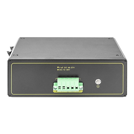 Schwarzer Switch mit grÃ¼nem Anschluss. Gelber Rahmen. Text: PoE DC 48-57V, DC 12-48V.