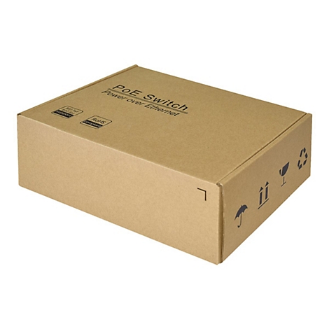 Ein brauner Karton mit der Aufschrift PoE Switch Power over Ethernet. Auf dem Karton sind Symbole abgebildet.
