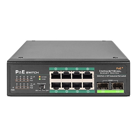 Ein schwarzer PoE Switch mit Ports, Beschriftung und LED-Anzeigen. Aufschrift: Industrial Gigabit Switch.