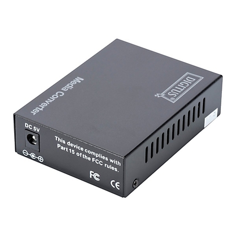 Schwarzer Media-Converter mit Digitus-Logo und Beschriftungen wie "Media Converter" und "DC 5V".