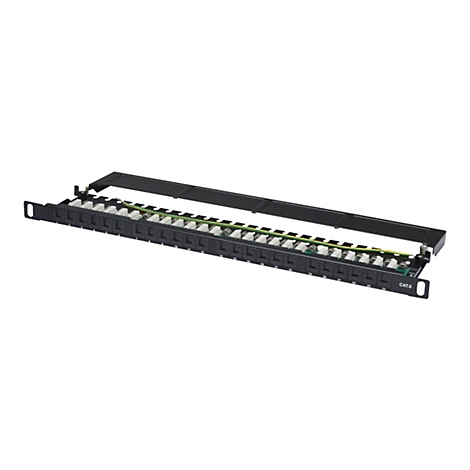 Schwarzes Patchpanel mit vielen AnschlÃ¼ssen, einem geÃ¶ffneten Deckel und weiÃŸen Steckern.