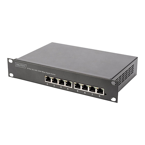 Ein schwarzer 8-Port-Gigabit-Switch der Marke Digitus. Auf der Vorderseite sind acht nummerierte Ethernet-Anschlüsse zu sehen.