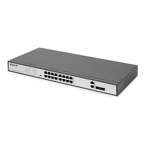 Un commutateur PoE gris avec 16 ports. Les ports réseau et les LED sont visibles à l'avant.