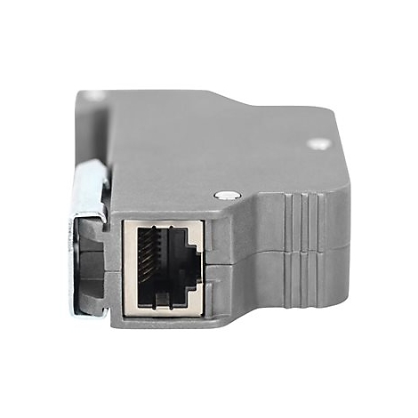 Grauer Netzwerkanschluss mit RJ45-Buchse und Metallhalterung, Detailaufnahme.