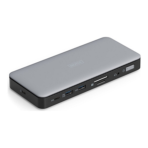 Graue, rechteckige Dockingstation mit schwarzem Rand. Es sind AnschlÃ¼sse fÃ¼r USB, SD-Karten, KopfhÃ¶rer und Stromversorgung vorhanden.
