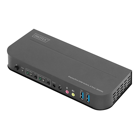 Grauer DisplayPort KVM Switch mit DIGITUS-Logo, AnschlÃ¼ssen und USB-Ports.
