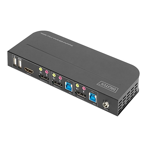 Schwarzer KVM-Switch mit USB-, HDMI- und Audio-AnschlÃ¼ssen. Aufschrift: 'Digitus'.
