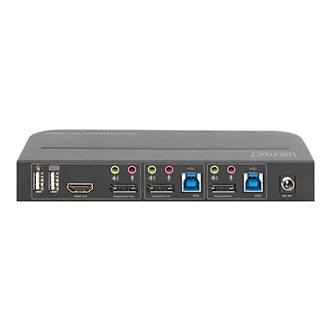 Graues GerÃ¤t mit AnschlÃ¼ssen fÃ¼r USB, HDMI, KopfhÃ¶rer und Mikrofon, beschriftet mit 'Kensington'.