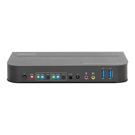 Schwarzer USB-Switch, vorne mit AnschlÃ¼ssen, LEDs und USB-Ports, grauer Hintergrund.